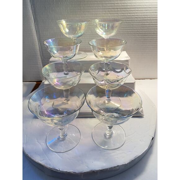 8 Fostoria Crystal Pearl Shell Iridescent Champagne Sherbert Glasses Loop Optics - Picture 16 of 16